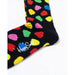 Colorful Happy Socks featuring multicolored hearts on a black background