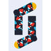 Colorful Happy Socks with red Santa hats and blue droplets on a dark background