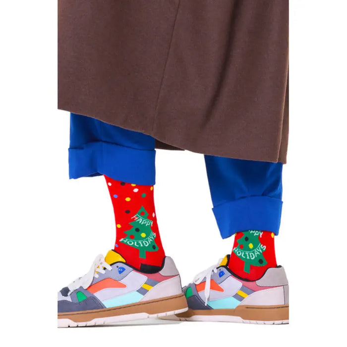 Colorful holiday patterned socks paired with vibrant multicolored sneakers