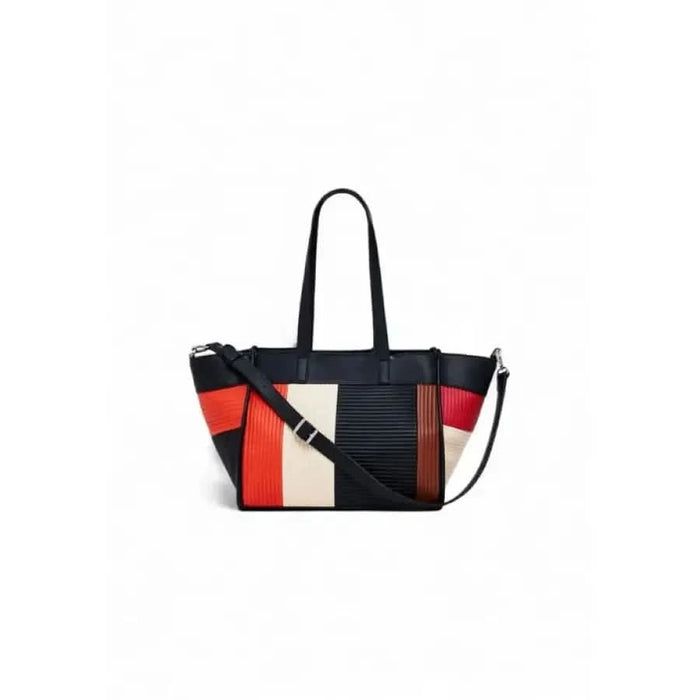 Colorful striped Desigual handbag with black straps and a crossbody strap