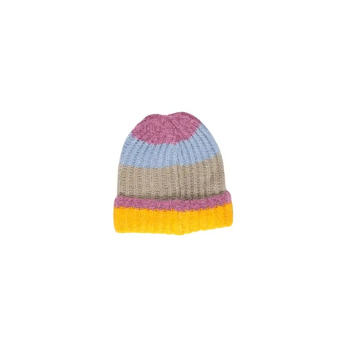 Colorful striped knit beanie in pink, blue, tan, and yellow for Pieces Women Cap