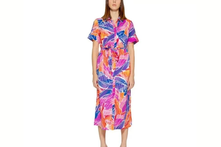 Colorful tropical-print midi dress with short sleeves and button-front design for dates.