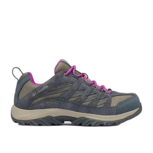 Columbia hiking shoe with gray and tan colors, purple laces, and Women’s Sneakers