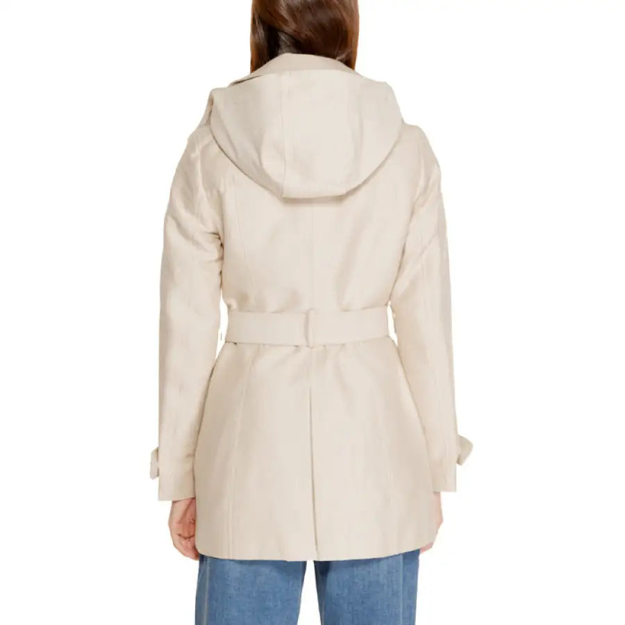 Morgan De Toi Women’s Hooded Belted Trench Coat in Cream, Back View