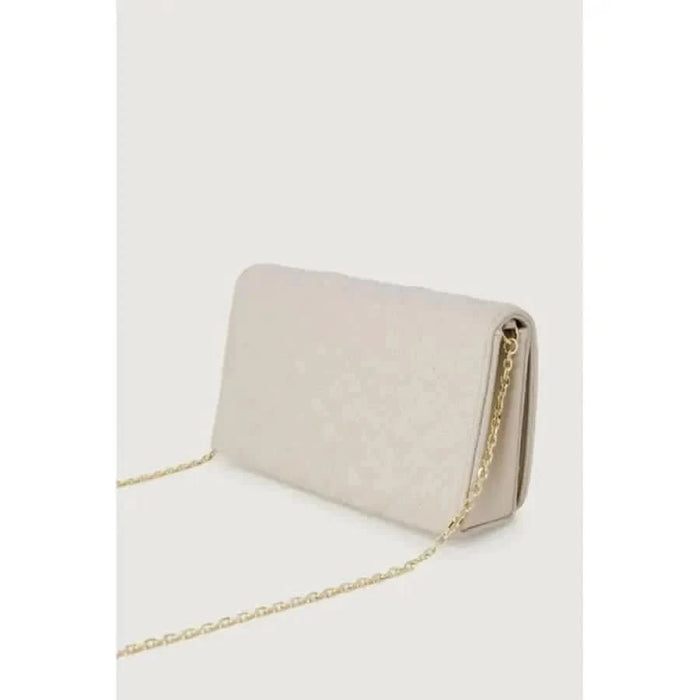 Cream-colored Love Moschino clutch purse with gold chain strap for women