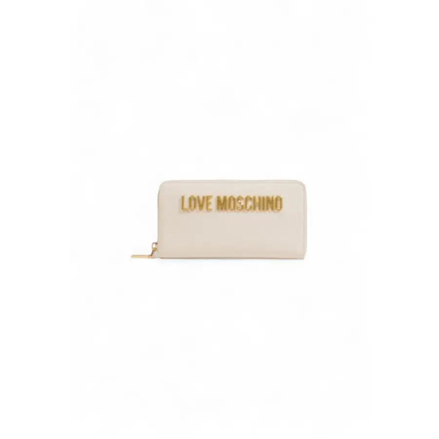 Cream-colored Love Moschino wallet with gold lettering and zipper for women