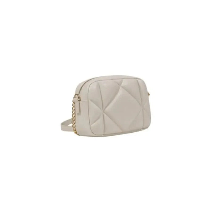 Cream-colored quilted leather crossbody bag with gold chain strap by Love Moschino