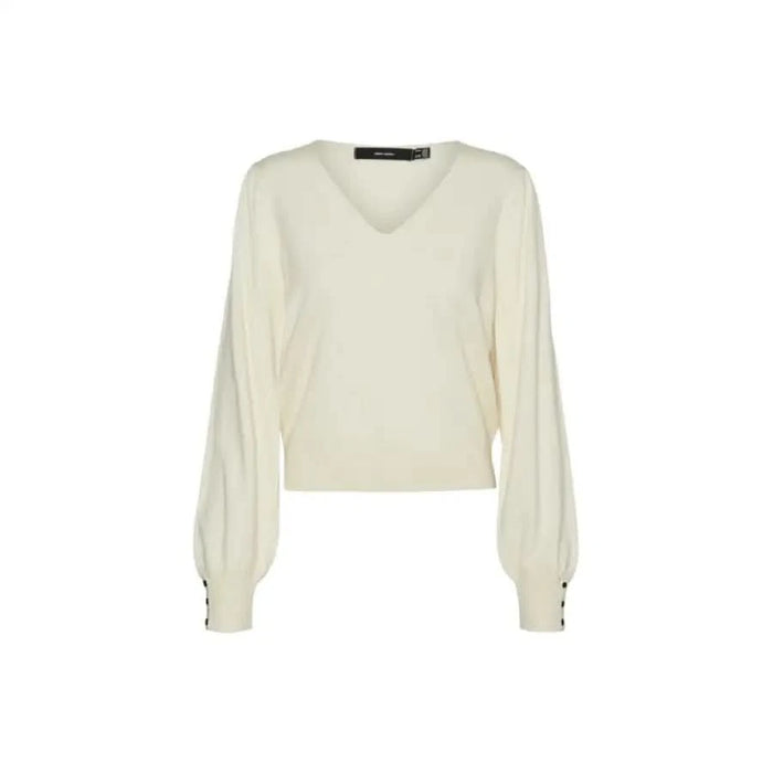 Cream-colored V-neck sweater with puffy long sleeves from Vero Moda Women Knitwear