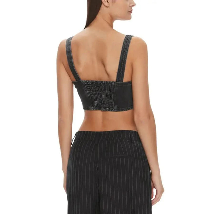 Cropped black pinstriped women’s top with wide shoulder straps by Tommy Hilfiger Jeans