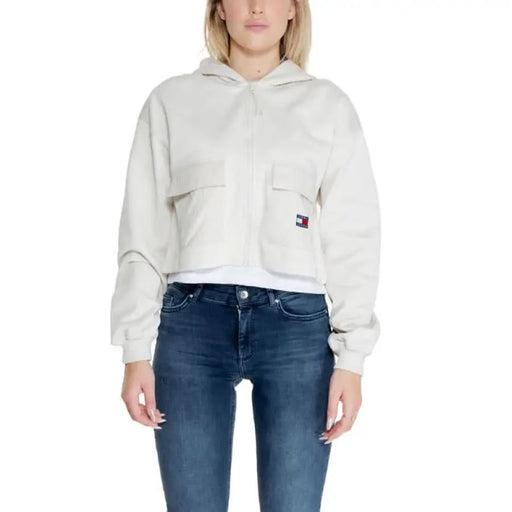 Tommy Hilfiger women’s cropped white zip-up hoodie with pockets and logo patch