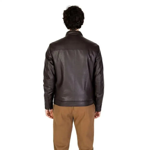 Dark brown leather jacket from behind, featured in Hamaki-ho Men Jacket collection