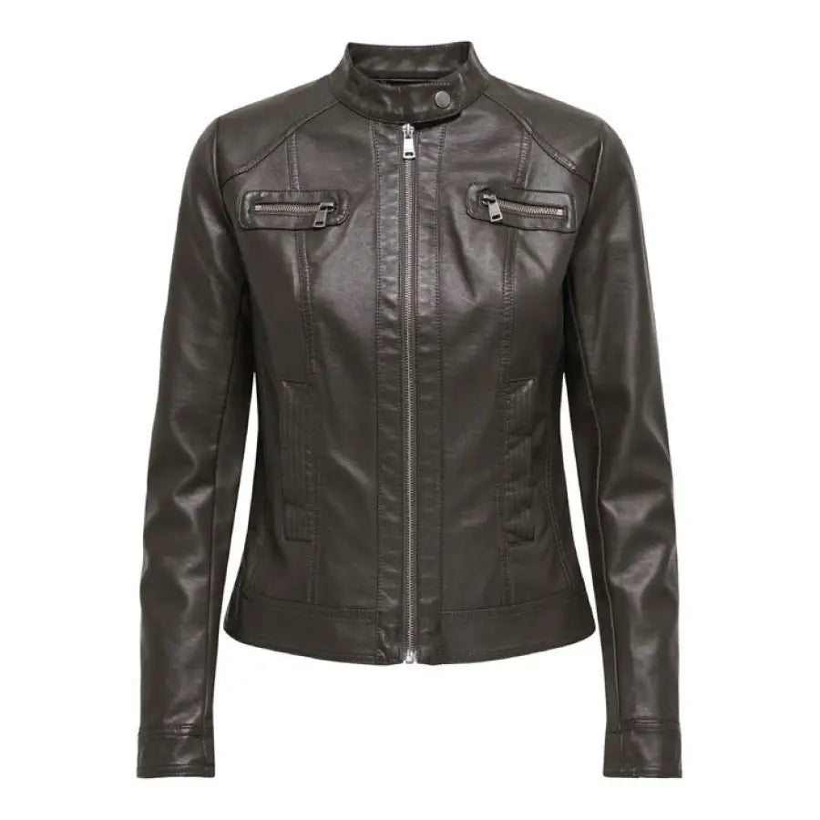 
                      
                        Dark brown leather motorcycle jacket with zip front and pockets – Only Women Blazer
                      
                    