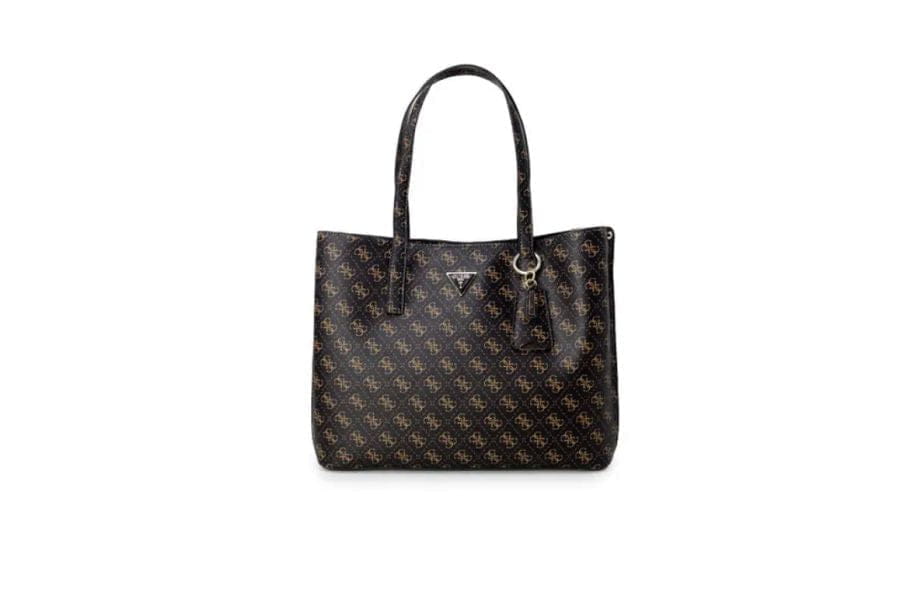 Dark brown leather tote bag with logo pattern, ideal for summer work outfits.