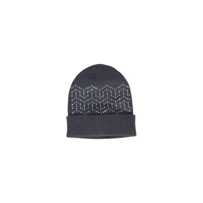 Dark gray knit beanie with geometric dotted pattern from Pieces Women Cap collection