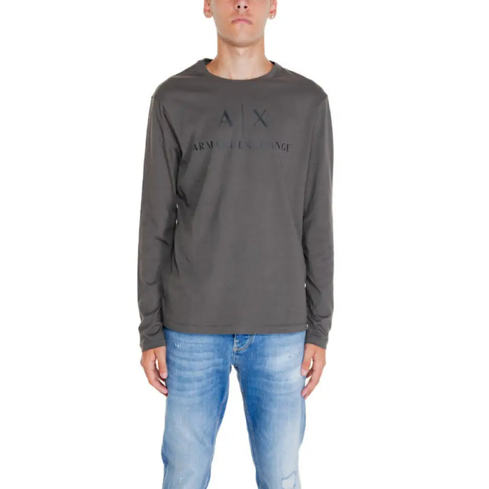 Dark gray long-sleeve t-shirt with tonal logo branding from Armani Exchange