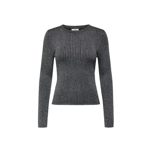 Dark gray ribbed knit sweater by Jacqueline De Yong showcasing long sleeves and crew neck