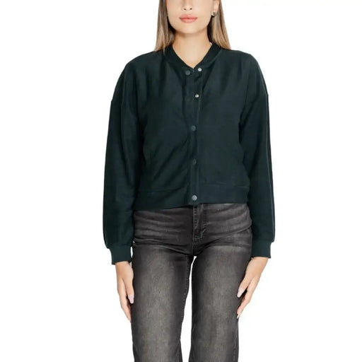 Dark green button-up cardigan sweater with long sleeves by Street One