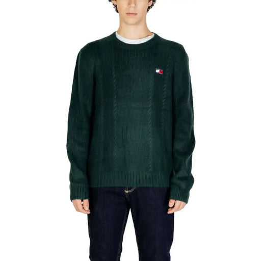 Dark green knit sweater with logo patch from Tommy Hilfiger Men Knitwear collection