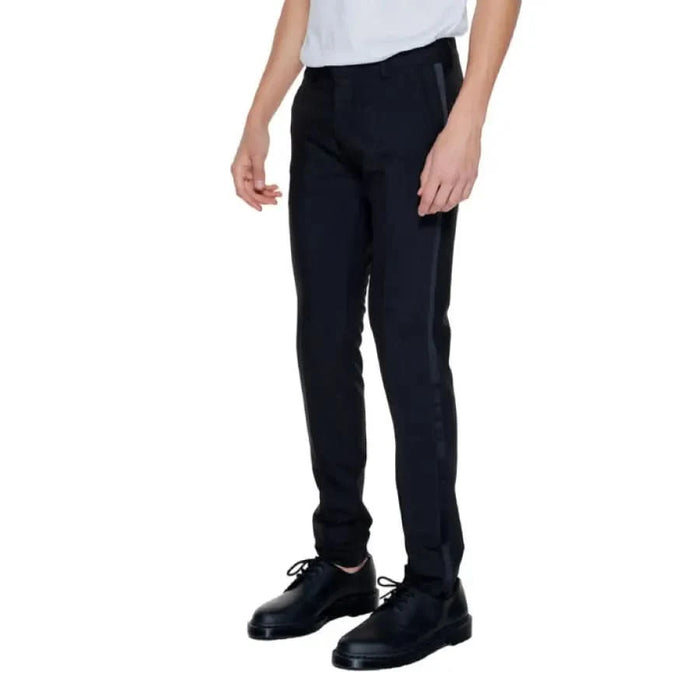 Antony Morato men trousers, dark navy or black slim-fit, paired with black leather shoes