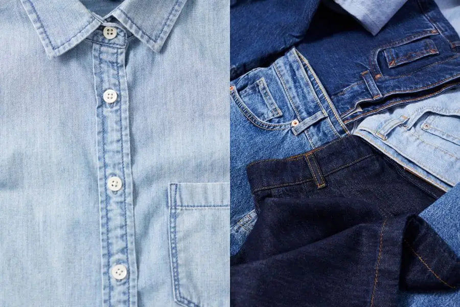 Denim clothing items featuring a light blue shirt and jeans, ideal fabric for summer weather.