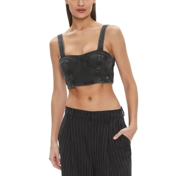 Denim crop top with wide straps and structured bustier design by Tommy Hilfiger Jeans