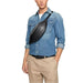 Denim shirt styled with a black fanny pack across the chest for Calvin Klein Men Bag