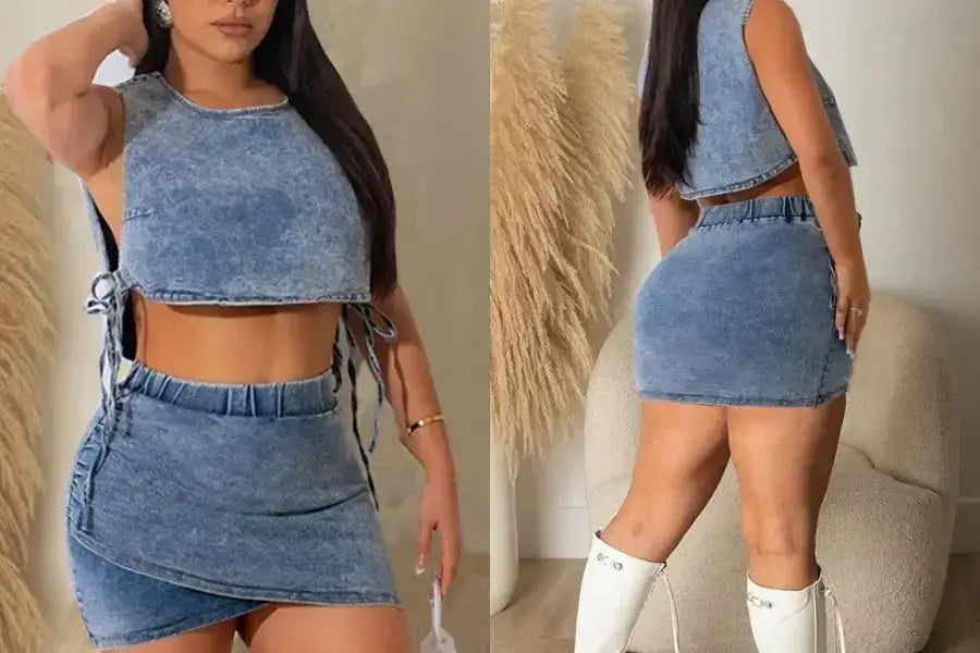 Denim two-piece summer outfit featuring a cropped top and mini skirt for stylish ideas.