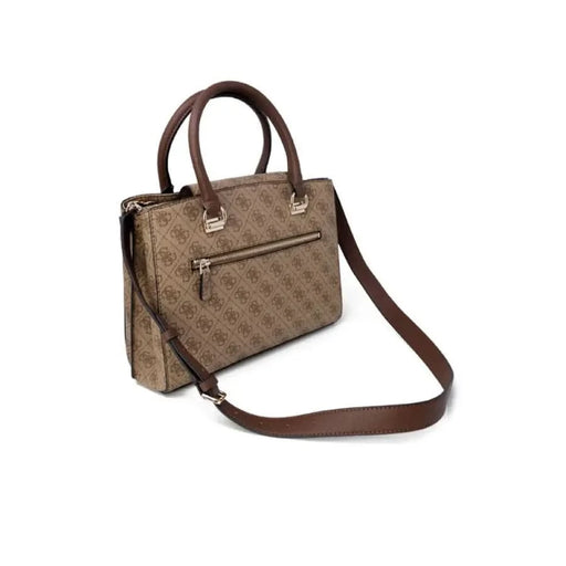 Designer handbag by Guess featuring monogram pattern and leather trim, with detachable strap