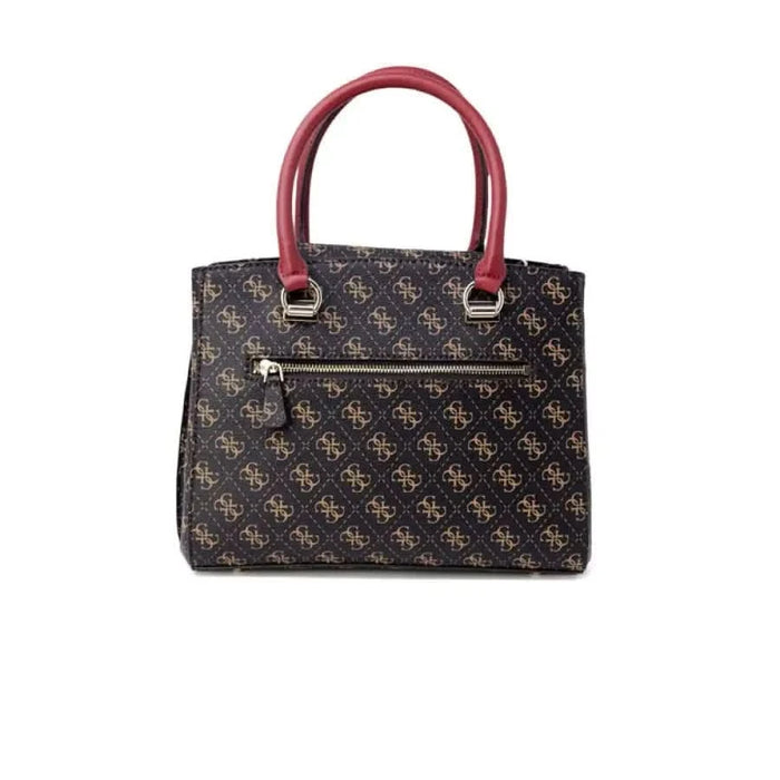 Designer handbag featuring patterned exterior and red handles from Guess Women Bag