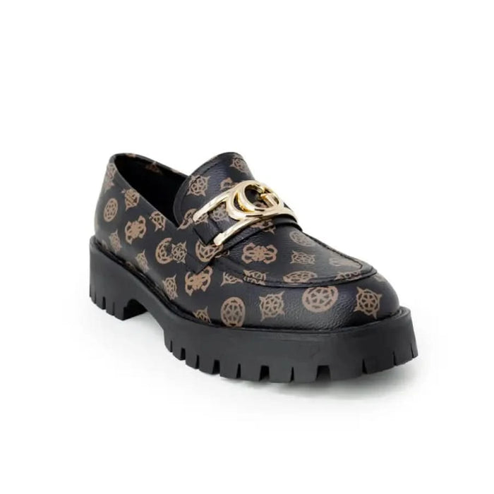 Guess Women’s Designer Loafer with Patterned Upper, Gold Hardware, Chunky Black Sole