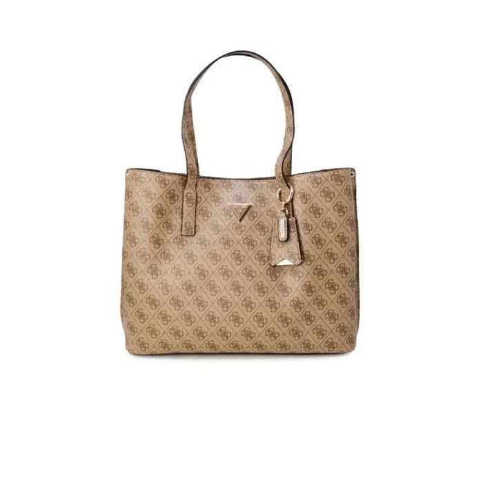 Designer tote bag in beige and brown with repeating logo pattern by Guess