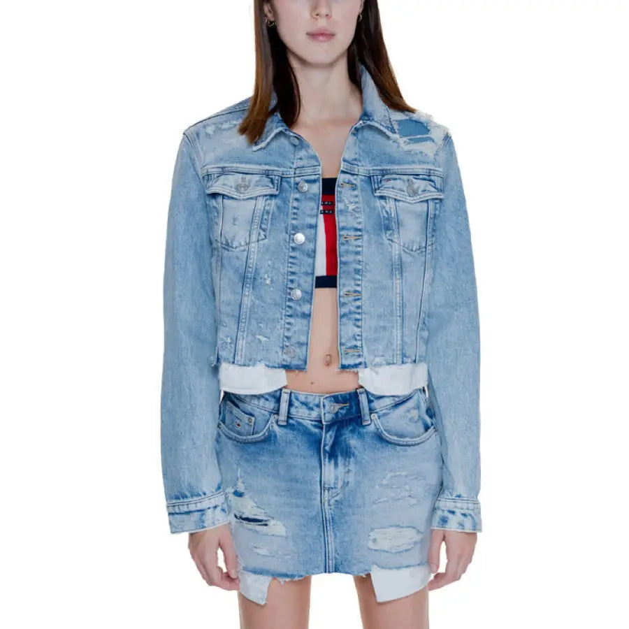 Distressed light blue denim cropped jacket and mini skirt - Tommy Hilfiger Jeans Women Blazer