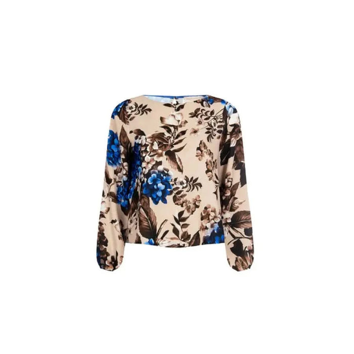 Floral print beige, blue, and black long sleeve blouse by Rinascimento for women