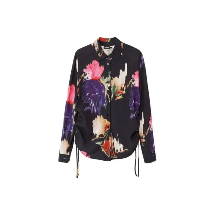 Floral print button-up shirt in vibrant colors on dark background by Desigual