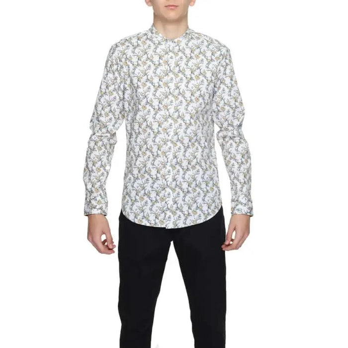 Gianni Lupo Men Shirt: Floral print long-sleeved shirt with mandarin collar over black pants