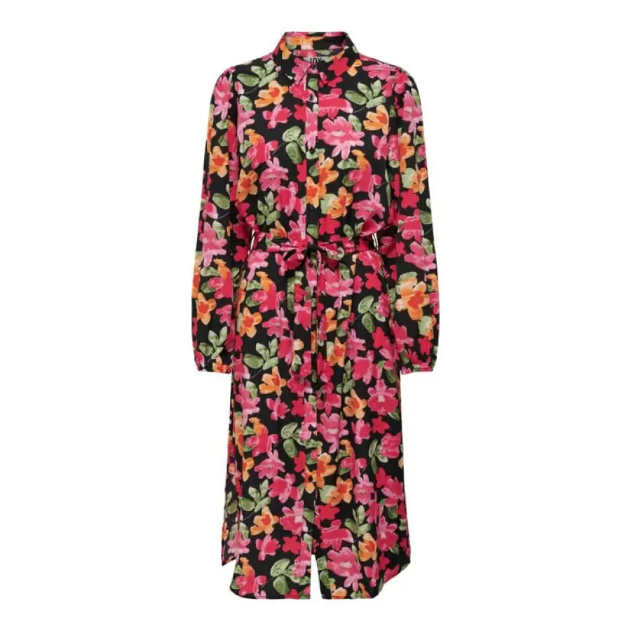 Floral print long-sleeved belted waist shirt dress - Jacqueline De Yong Women Dress