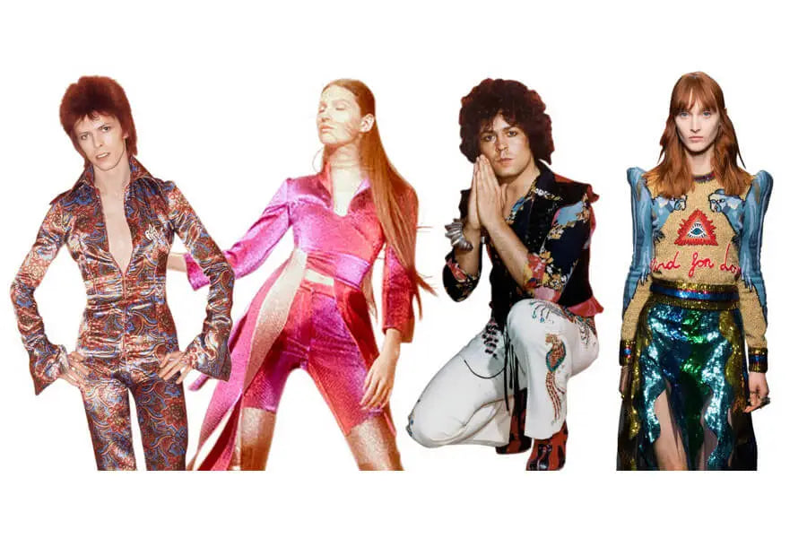 Four individuals in vibrant 1970s-style outfits showcasing iconic fashion trends.