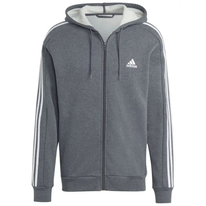 Gray Adidas zip-up hoodie with white stripes on sleeves from Adidas Men Sweatshirts