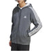 Gray Adidas zip-up hoodie with white stripes on sleeves from Adidas Men Sweatshirts