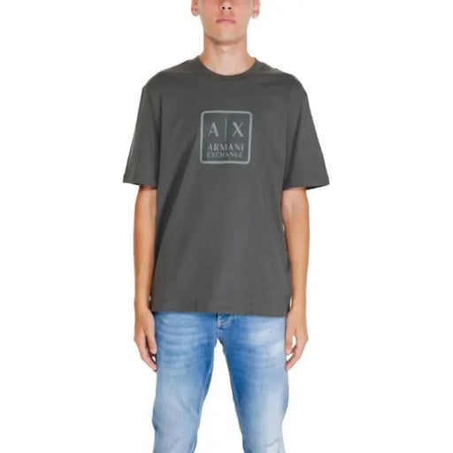 Gray Armani Exchange Men T-Shirt featuring a logo on the chest and round neck design