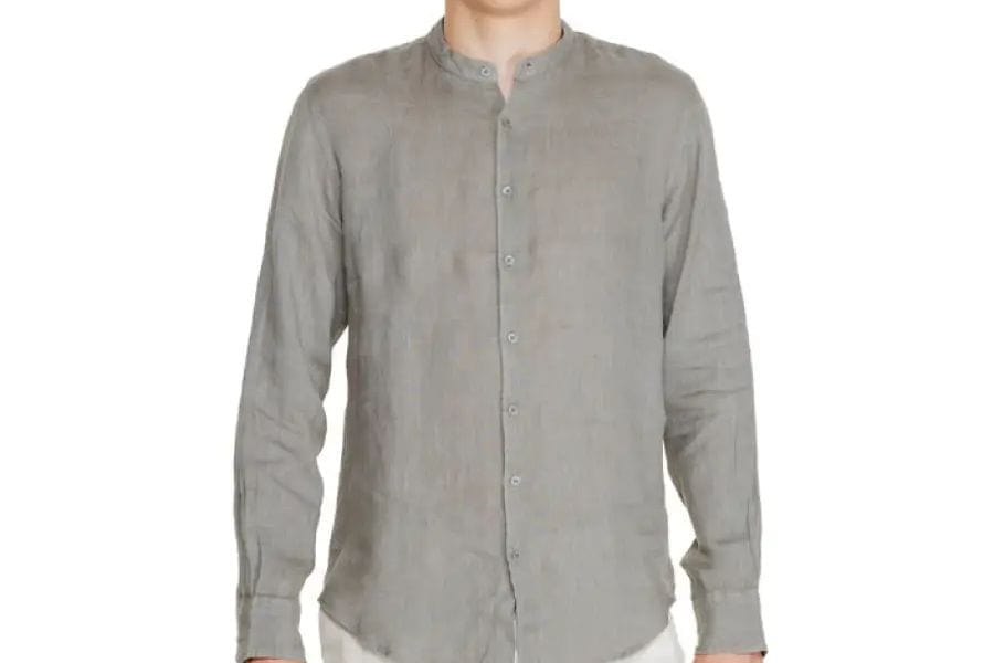 Gray button-up shirt with mandarin collar for smart casual men summer style.