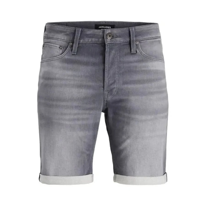 Jack & Jones gray denim shorts with rolled cuffs and button fly for men