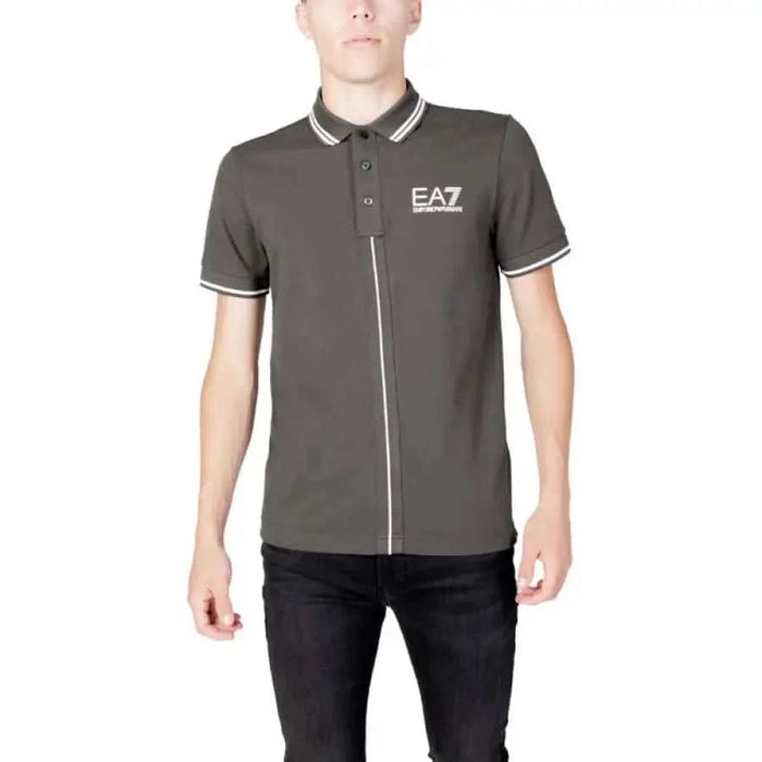 Gray EA7 polo shirt featuring white trim and logo on the chest for men