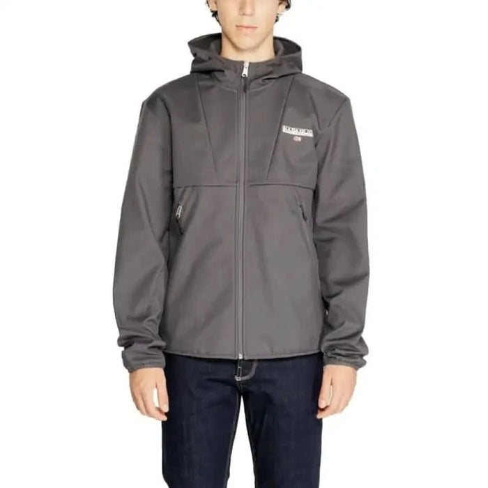 Gray hooded zip-up jacket with logo on chest from Napapijri Men Jacket collection