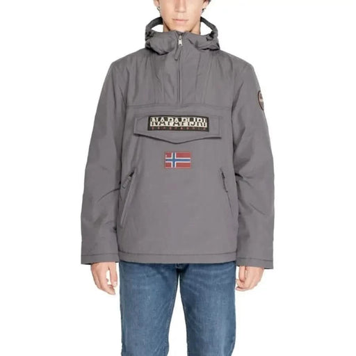 Gray Napapijri pullover jacket with hood and Norwegian flag patch for men