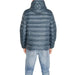 Gray puffy down jacket with a hood viewed from the back by Calvin Klein Men