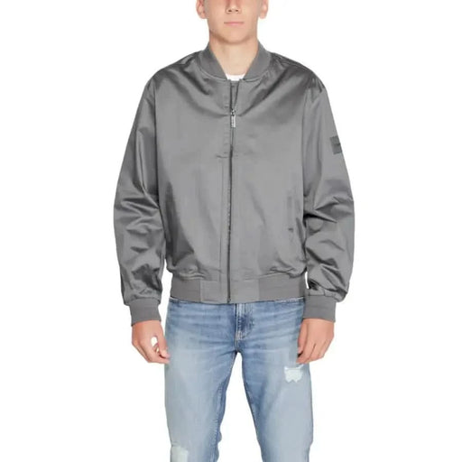 Gray satin bomber jacket with zipper front from Calvin Klein Men