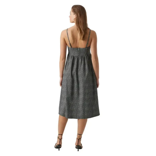 Gray spaghetti-strap midi dress with empire waist and textured fabric - Aware Women Dress