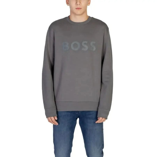 Gray round neck Boss Men Sweatshirt featuring ’BOSS’ printed on the front