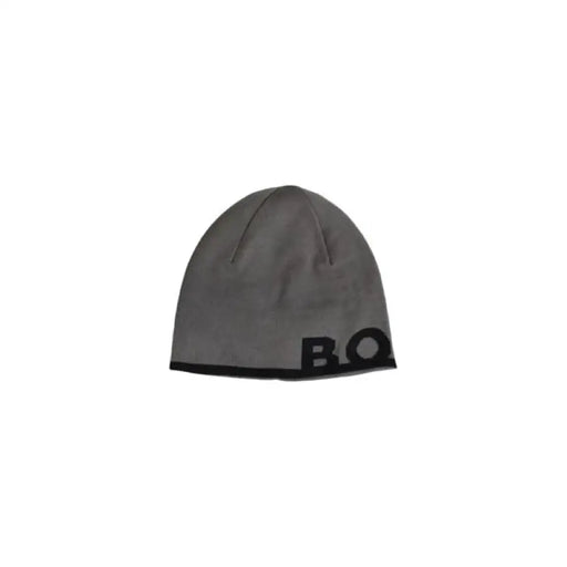 Gray winter beanie with black trim and lettering from the Boss Men Cap collection